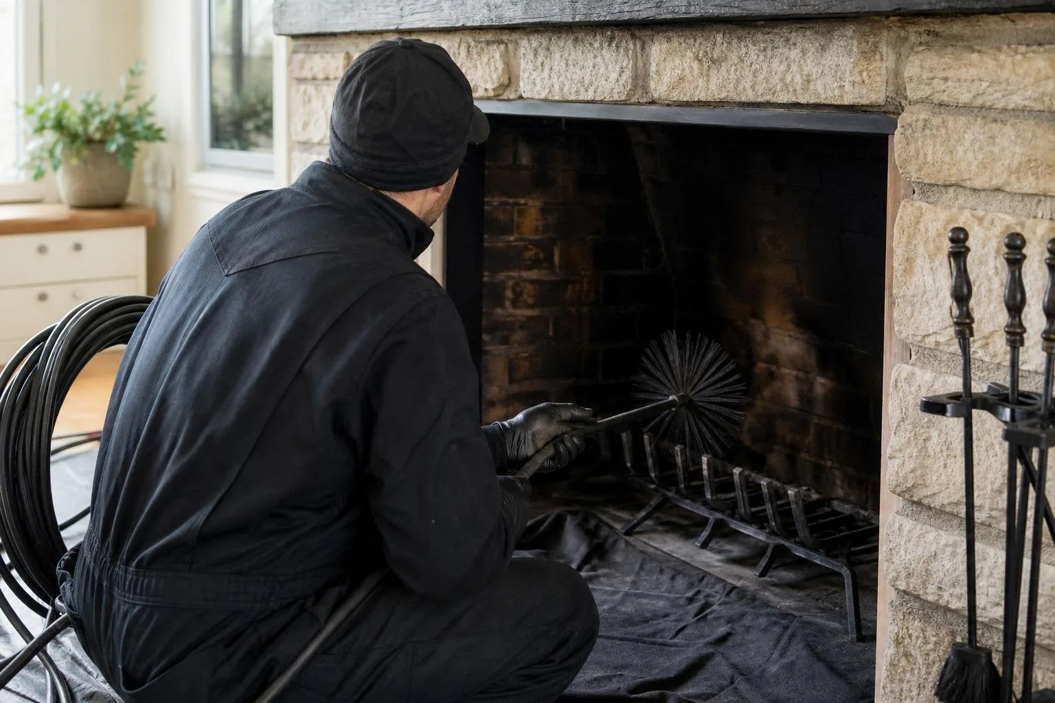 Illustrative chimney professional cleaning a residential stone fireplace