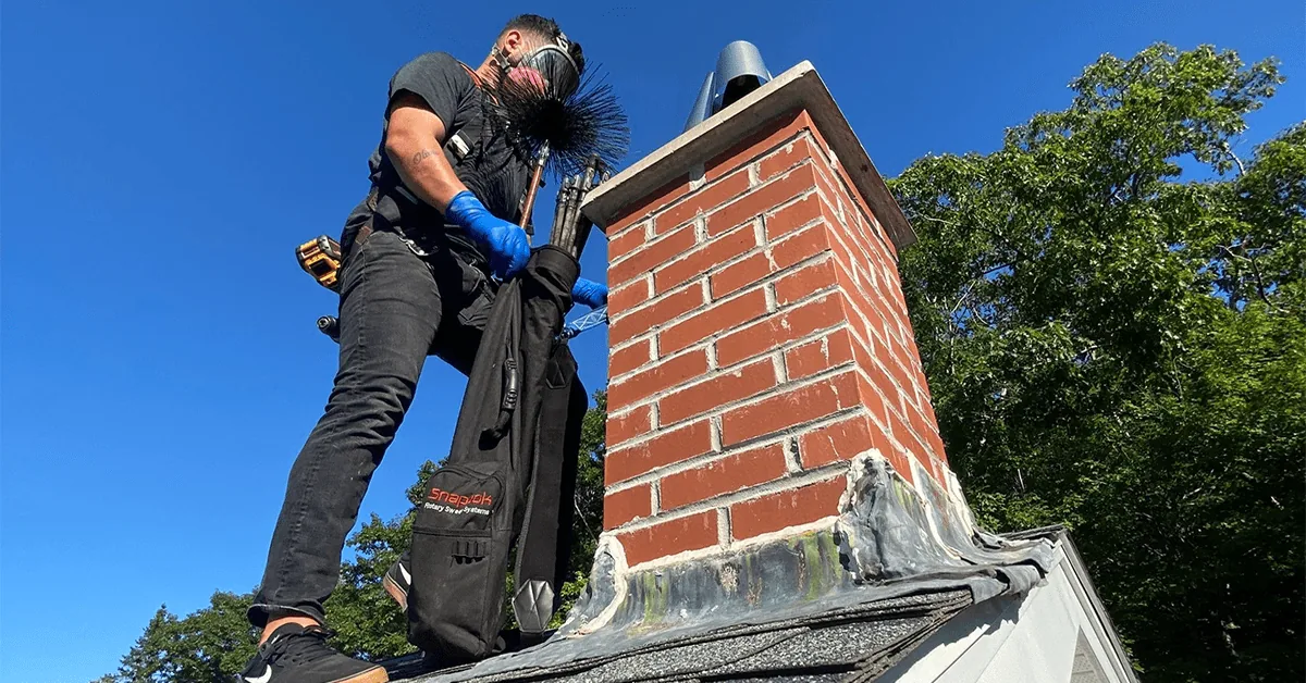Illustrative rooftop chimney cleaning used to assess and clear obstructions