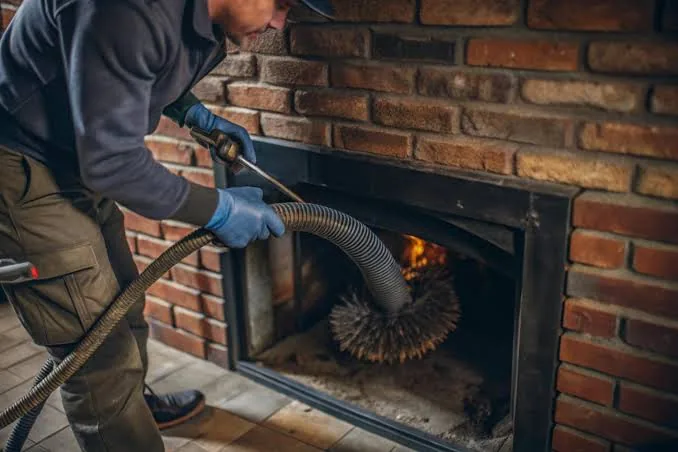 Illustrative fireplace chimney cleaning with a vacuum and rotary brush