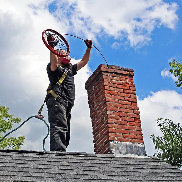 Illustrative rooftop inspection of a brick residential chimney