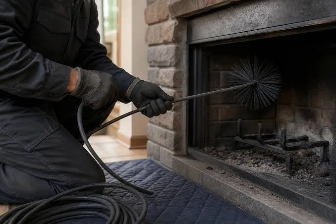 Illustrative rotary brush inspection inside a fireplace flue