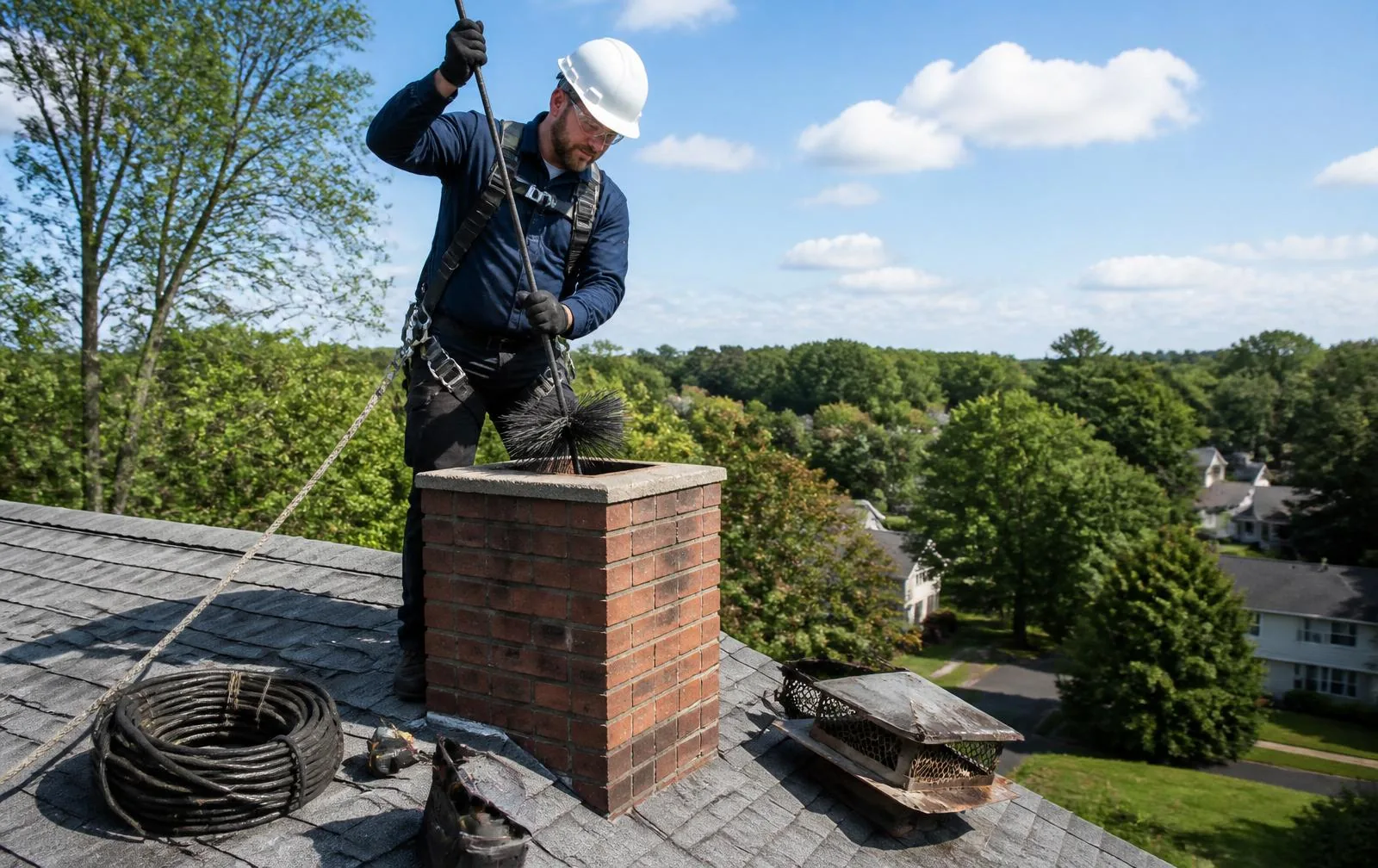 Illustrative chimney professional sweeping a residential roof chimney