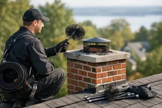 Illustrative chimney cap and brush prepared for a rooftop safety assessment